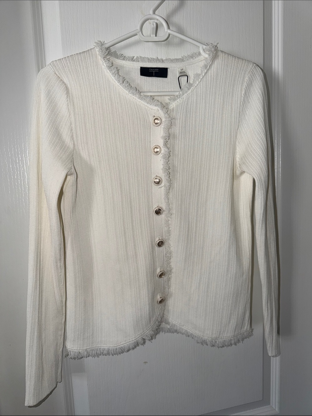 Tahari Cream Ribbed Fringe Trim Cardigan with Decorative Buttons
